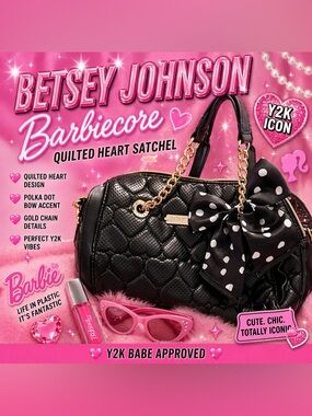 Y2K Betsey Johnson Black Quilted Heart Satchel Polka Dot Bow Chain Strap Purse